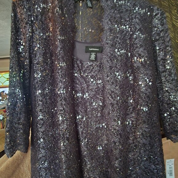 New 3 Piece Shimmery Long Sheer Scalloped Lace Jacket,  Lace TankTop & Pants Sz8 - Picture 6 of 16